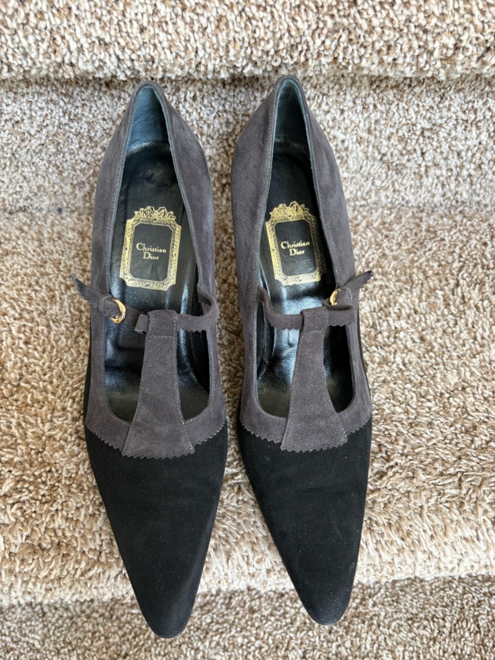 Christian Dior Women's Two-Tone Suede Pointed-Toe Mary Jane Pumps - Black & Gray - Picture 5 of 13